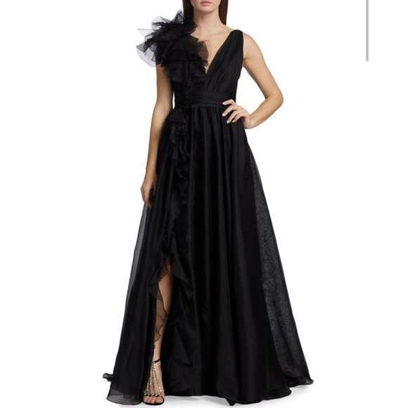 Marchesa Black Rouched Floral Detail Gown US:6